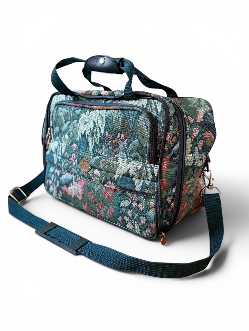Atlantic Vintage Floral Tapestry Travel / Carry On Bag in Teal Green Retro